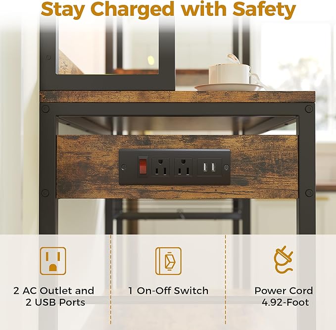 IRONCK Bakers Rack with Power Outlet, 47.24 Inch Coffee Bar Cabinet, Kitchen Microwave Stand with Storage, Kitchen Shelf with Shelves, LED Light, Globlet Holder and Wine Basket, Vintage Brown