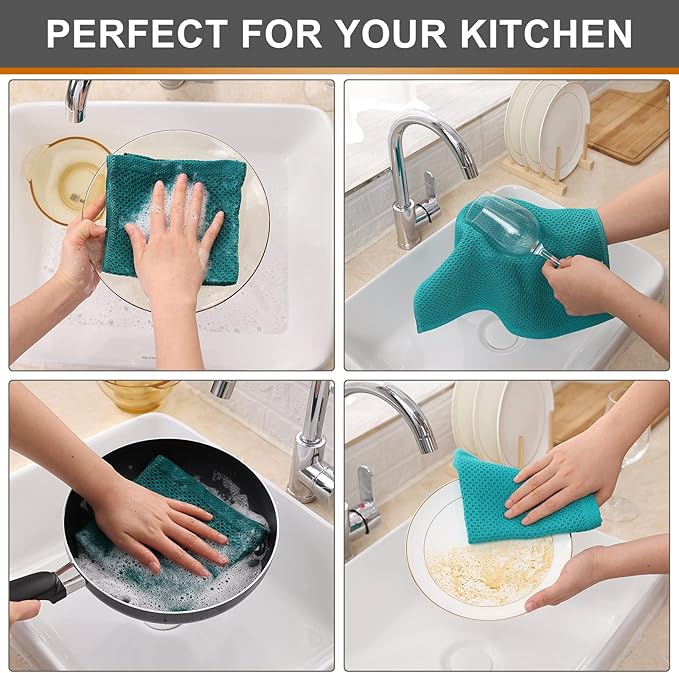 Kitinjoy 100% Cotton Kitchen Dish Cloths, 6 Pack Waffle Weave Ultra Soft Absorbent Dish Towels for Drying Dishes Quick Drying Kitchen Towels Dish Rags, 12 X 12 Inches, Teal