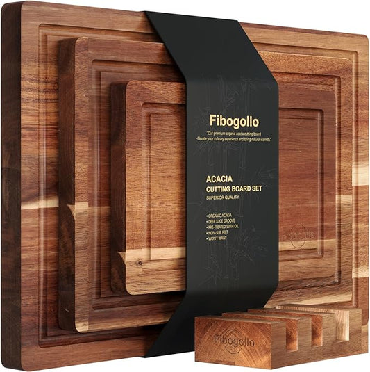 Acacia Wood Cutting Boards for Kitchen(Set of 3),Wooden Chopping Boards Set with Juice Groove,Serving Board with Holder,Butcher Block for Meat,Vegetables,Fruit