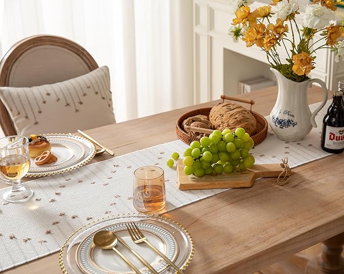Boho Table Runner 13 x 108 Inch Long Natural Cotton Woven Runner with Tassels for Home Dining Table décor, for Modern Farmhouse Decor Coffee Table Runner, Taupe and Beige