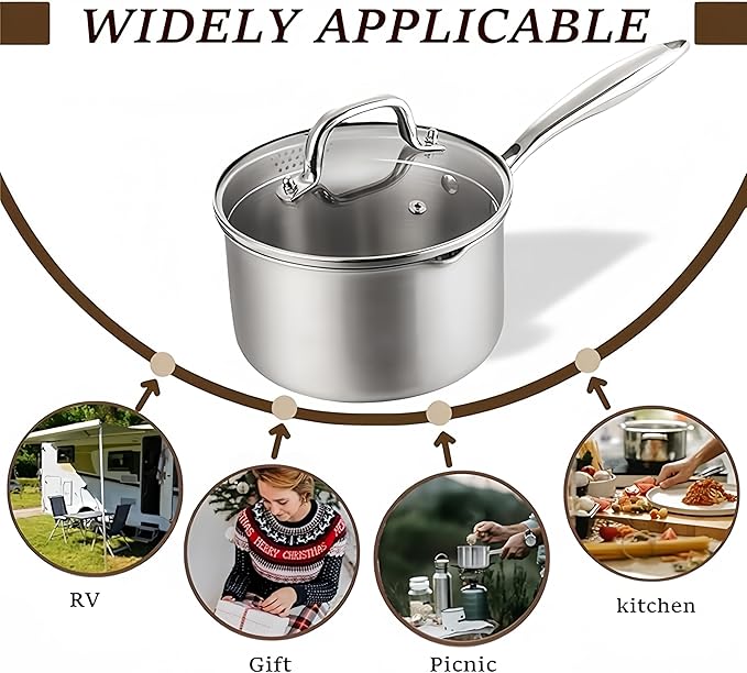 KANGXW 4.0 Quart Stainless Steel Saucepan With steamer,With Pour Spout and Filter Glass Lid Milk Pan, Sauce, Gravy, Pasta Stock Pot For All Stovetops