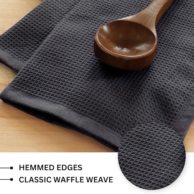 PurpleEssences Waffle Weave Kitchen Towel, 100% Cotton, 15x25 Inches, with Hanging Loop Ultra Soft Absorbent Quick Drying Dish Cloth, Tea and Hand Towels, 4 Pack - Christmas Holiday Winter - Dark Grey