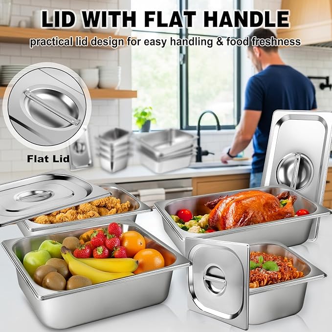 West Bay 4 Pack 1/3 Hotel Pan with Lids, 4'' Deep Steam Table Pan with Lid, 13''L x 6.8''W Stainless Steel Pans for Home, Party, Hotel, Buffet