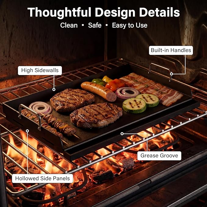 25" x 16" Nonstick Cast Iron Flat Top Griddle - Universal Grill Insert with Grease Groove & High Sidewalls, Fits Gas/Charcoal/Electric Grills (Weber, Charbroil, Nexgrill)