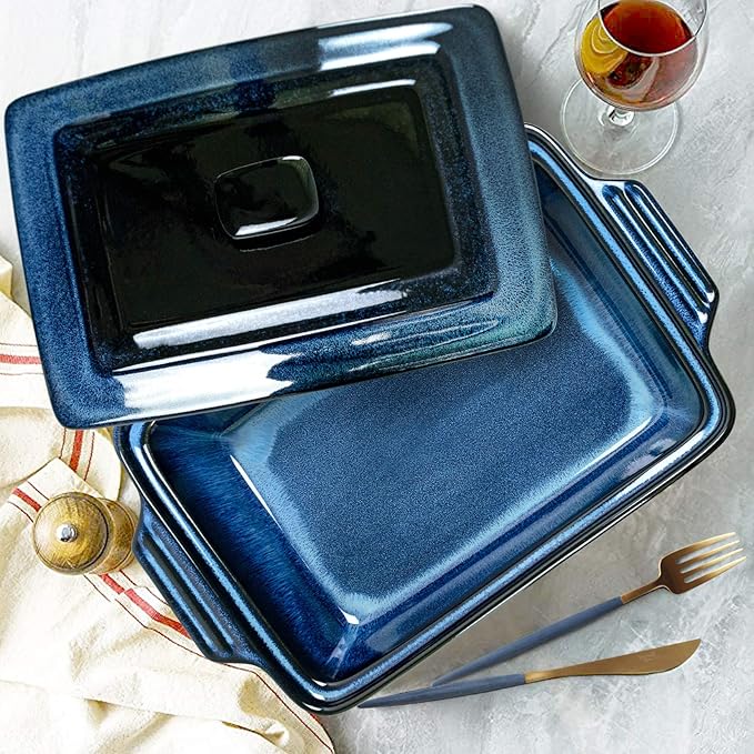 UNICASA Casserole Baking Dish with Lid - Ceramic Blue Lasagna Pan 3.2 Quart, Large Covered Bakeware Set 9x13 for Cooking, Stoneware Bakers Microwave Oven Safe - Reactive Glaze Blue