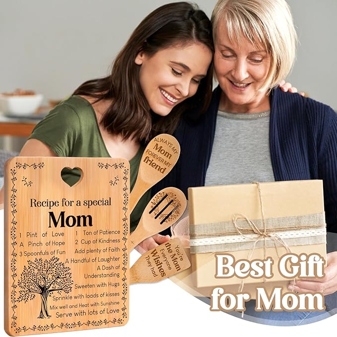 Gifts for Mom - "Recipe for a Special Mom" Mom Birthday Gifts Cutting Board Set, Bamboo-Made Engraved Utensil Set, Birthday Gifts for Mom from Daughter/Son