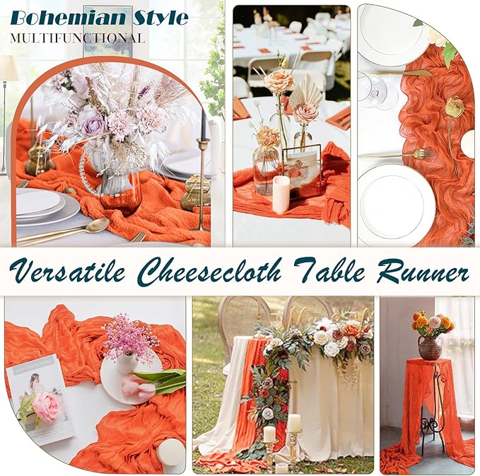 Orange Cheesecloth Table Runner 2 Pack 35" Boho Gauze 120 inches Long Runner Rustic Sheer Fabric Bulk for Baby Shower Wedding Bridal Birthday Party Picnic Table Decorations