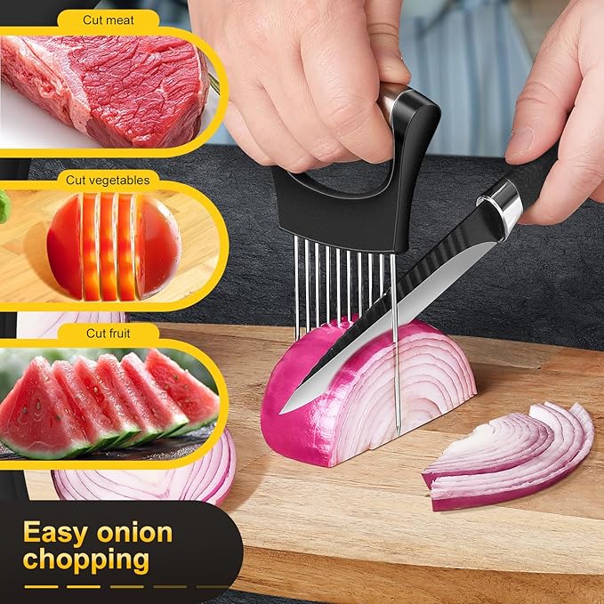 Premium Onion Slicer, Stainless Steel Onion Holder for Slicing Onion, Kiwifruit, Tomatoes, Avocados, Eggs, Lemon, Meat, Third Generation Onion Cutter