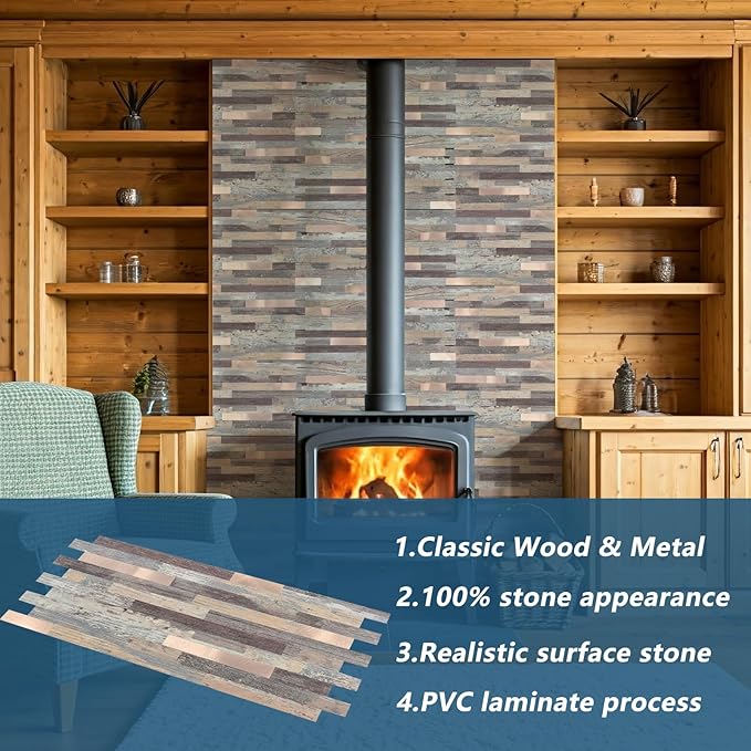 Yipscazo 10 Sheets Peel and Stick Stone Metal Backsplash Tiles, PVC Wall Tiles Stick on Backsplash for Kitchen, Bathroom (6'' X 12'', Rustic Wood)