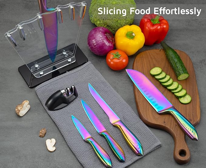 WELLSTAR Rainbow Knife Set 7 Pieces, Iridescent German Stainless Steel Kitchen Knives Set with Acrylic Stand Holder, Colorful Titanium Coating, Chef’s Knife Block Set with 2 Stage Mini Knife Sharpener