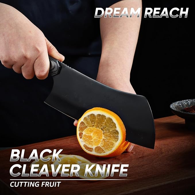 Dream Reach Meat Cleaver Knife- Full Tang Hand Forged Black Butcher Knife for Kitchen BBQ, Birthday Mother Father Gift