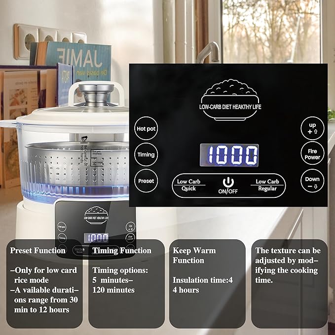 Low Carb Rice Cooker,5L Multifunction Smart Rice Cooker - 4H Keep Warm,Digital Display,Timer & Reservation Function,Suitable for Cooking,Simmering,Stewing,and Steaming(5L,Beige)