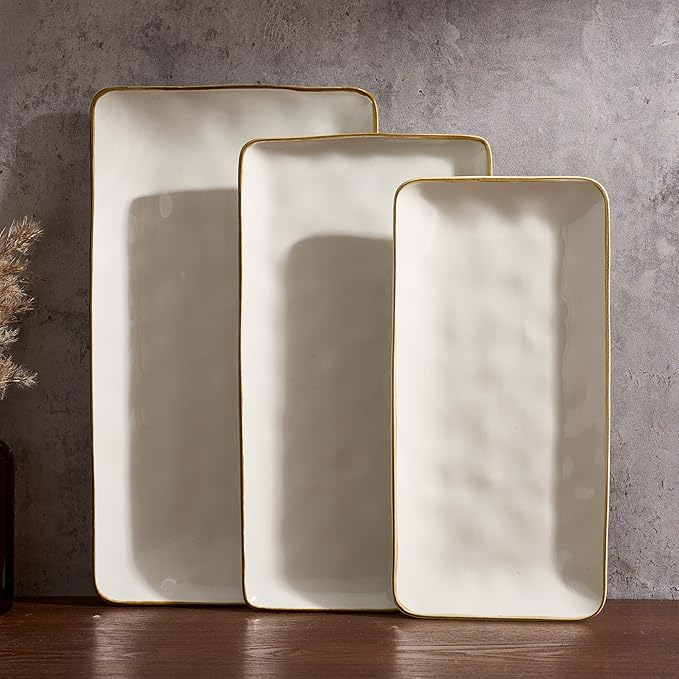 famiware Serving Platter, Rectangular 15.67/14.1/12.6inch Serving Dishes for Entertaining, Microwave Dishwasher Safe, Stoneware Serving Trays for Party, Turkey, Cheese, Ocean Series, Vanilla White