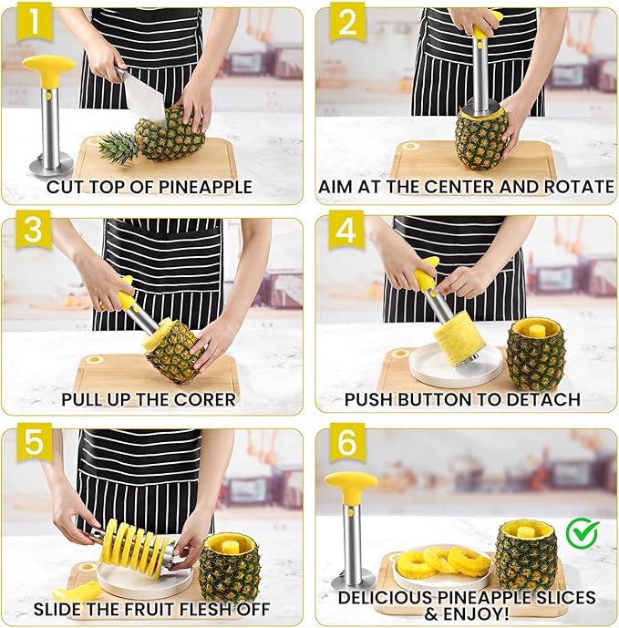 Premium Pineapple Corer and Slicer Tool - Sharp Pineapple Cutter with Serrated Tips - Easy to Use and Clean - Stainless Steel Core Remover for Pineapple - Core Fruits with Ease(Yellow)