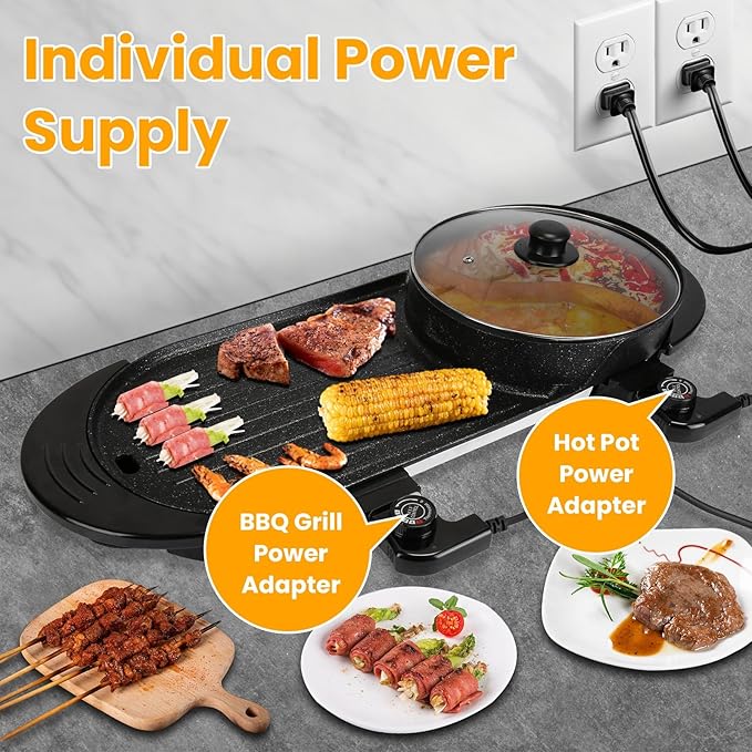KOCASO 2200W 2-in-1 Electric Hot Pot & Non-Stick BBQ Grill, Smokeless Indoor Grill and Shabu Shabu Hot Pot with Dual Independent Temp Control, 5 Heat Settings, for 2-8 People Family Gatherings