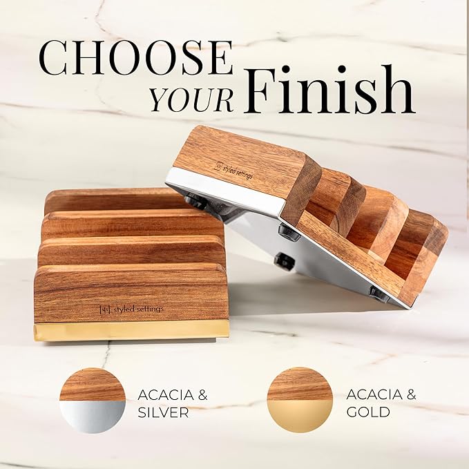 STYLED SETTINGS Cutting Board Organizer – Acacia Wood Stand with Gold Stainless Steel Base, Kitchen Holder Rack for Cabinet or Countertop Storage - Holds Three Boards for Easy Storage
