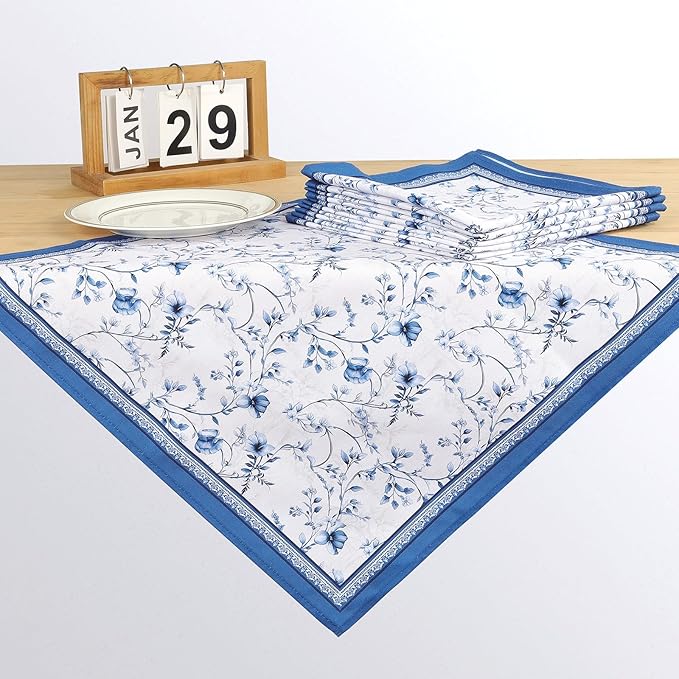 Blue Rose Watercolor Floral Print Cloth Napkins 100% Cotton, 18" X 18" Dinner Napkins Cloth Set, Washable Napkins for Home, Kitchen, Dinner, Party, Wedding, Cocktail, Set of 6