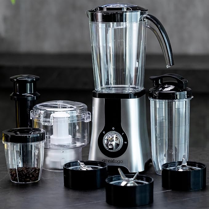 Greatogo Countertop Blenders For Shakes And Smoothies, 3-In-1 Smoothie Maker & Food Processor, Multi-Function Blender Grinder Chopper Combo For Kitchen, Includes 4 Cups And Portable Lid