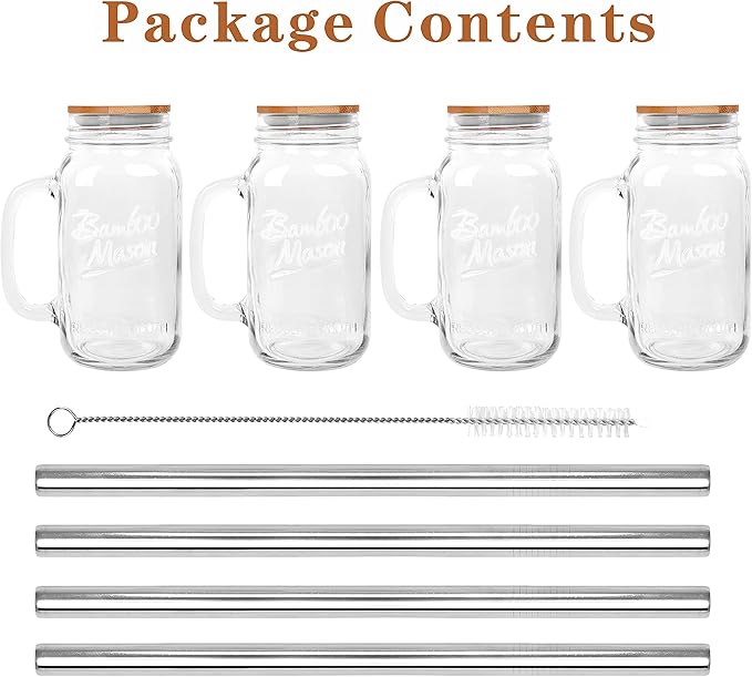 Mason Jar with Lid and Straw, 24oz Regular Mouth Mason Jars with Handle Drinking Glasses Tumbler Reusable Cups Smoothie Water Bottles for Iced Coffee Margaritas Juice Cocktail Travel Office Home