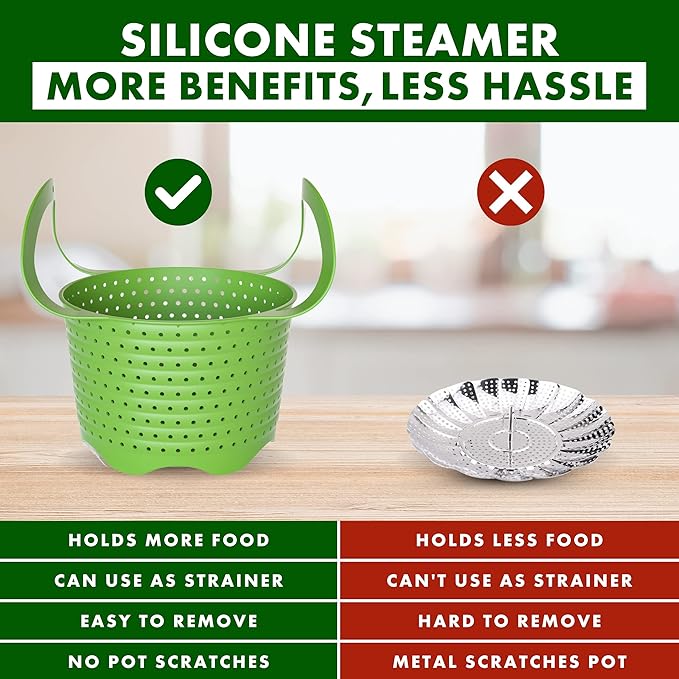 Avokado Silicone Steamer Basket for 8qt Instant Pot [3qt, 6qt avail], Ninja Foodi, Other Pressure Cookers - 100% Food Safe, BPA-Free, Dishwasher Safe Collapsible Vegetable Steamer Basket & Strainer