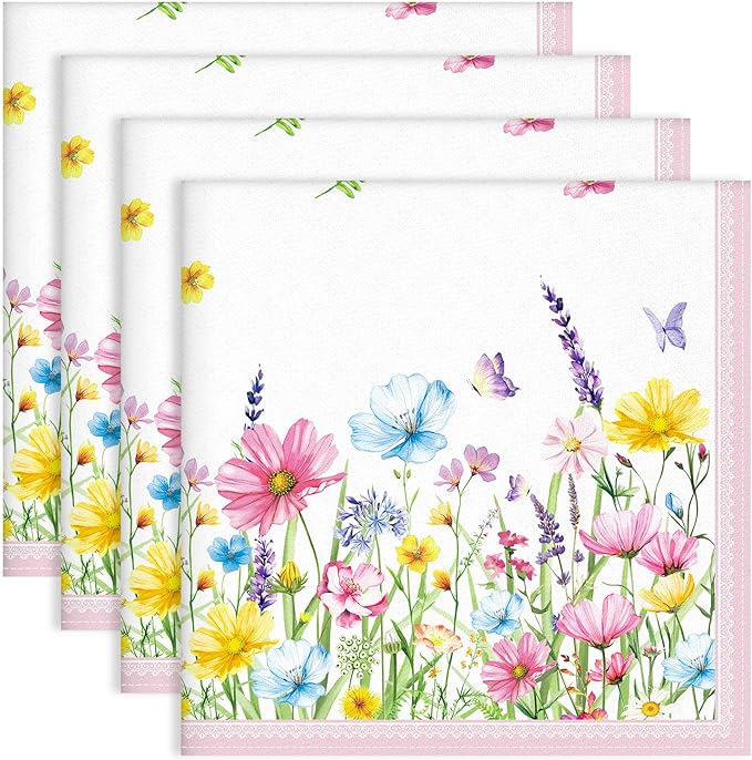 Wildflower Napkins, 18×18 Inch Butterfly Dinner Cloth Napkins Set of 4, Washable Cotton Soft Absorbent Square Napkins for Dining Kitchen Party Wedding Decoration