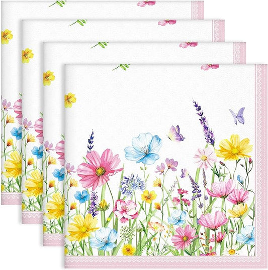 Wildflower Napkins, 18×18 Inch Butterfly Dinner Cloth Napkins Set of 4, Washable Cotton Soft Absorbent Square Napkins for Dining Kitchen Party Wedding Decoration