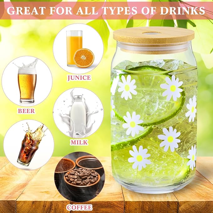 Gerrii 4 Pcs Tumbler Glass Cups with Bamboo Lids and Straw 16 oz Beer Can Tumbler Iced Coffee Cups Flower Drinking with Glass Straw for Birthday Gift(Daisy)