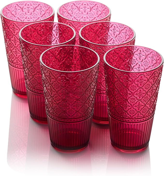 Victoria Ruby Set of 6 Premium Acrylic Ice Tea Glass 22 oz – Unbreakable Glassware with Elegant Embossed Design, Dishwasher Safe for Indoor & Outdoor Use