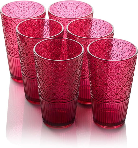 Victoria Ruby Set of 6 Premium Acrylic Ice Tea Glass 22 oz – Unbreakable Glassware with Elegant Embossed Design, Dishwasher Safe for Indoor & Outdoor Use