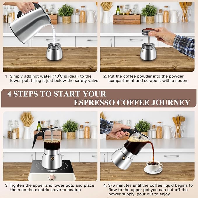 Newdehanm Stovetop Espresso Moka Pot, Crystal Glass-Top & Stainless Steel Italian Coffee maker, 300ml(6cup) (silver)