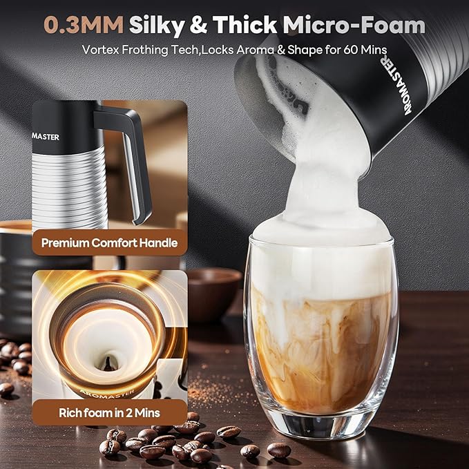 AROMASTER Milk Frother, 4 IN 1 Electric Milk Frother and Steamer for Coffee, Lattes, Cappuccinos, Automatic Hot Dense/Airy Foam & Cold Foam Maker, Perfect for Home, Kitchen, Office Use