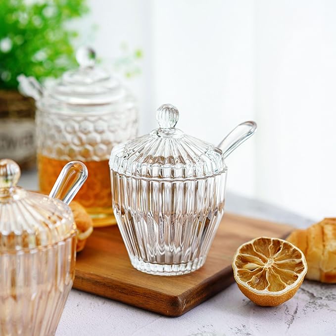 kanpura 1 Pack Clear Glass Sugar Bowl with Lid and Spoon Serving Spoon Salt Pot Sugar Holder Seasoning Pot Dispenser Container for Home Kitchen, Dishwasher Safe(5 OZ)