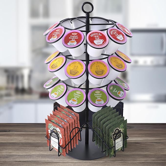 Coffee Pod Holder for Keurig & Tea Bag Organizer, K-Cup Holder Compatible with 36 K-Cups Pods, 60 Tea Bags, Spins 360-Degrees Carousel Stand, Coffee Pod Tea Bag Storage Stand Organizer for Countertop