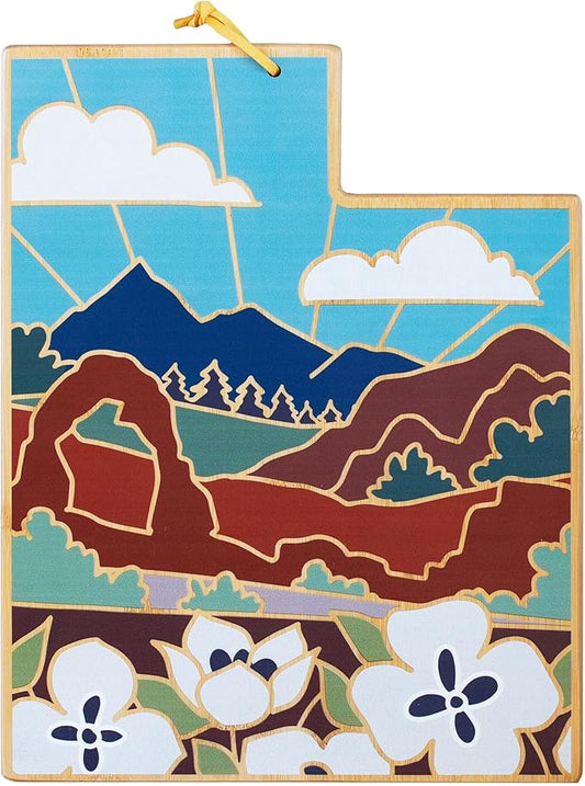 Totally Bamboo Utah State Shaped Cutting Board and Charcuterie Serving Platter with Artwork by Summer Stokes, Includes Hang Tie for Wall Display Varies