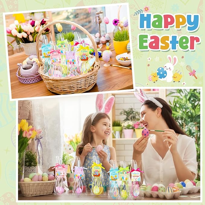 12 Sets 10 Inch Easter Whisks Gifts for Kids Home Baking Sets Includes Colored Whisks, Greeting Cards, Ribbons, Plastic Bags for Happy Easter Teacher Family Friends Neighbor