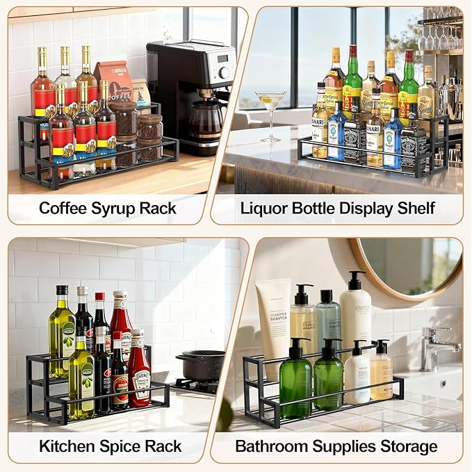 Expandable Coffee Syrup Organizer, Heavy Duty Syrup Rack Enlarged 6-12 Bottles Syrup Holder for Coffee Bar Accessories, Width Adjustable Space-Saving Storage Coffee Rack for Syrup, Liquor, Dressing