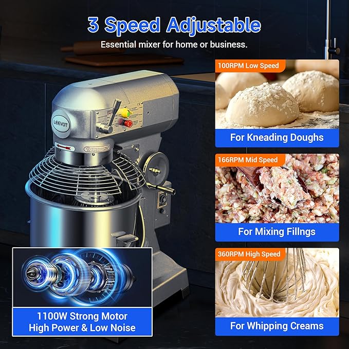 EKway 20Qt Commercial Stand Mixer with Timing Function,1100W Commercial Mixer 3-Speed Adjustable,Electric Stand Commercial Dough Mixer with Stainless Steel Bowl for Bakery Pizzeria