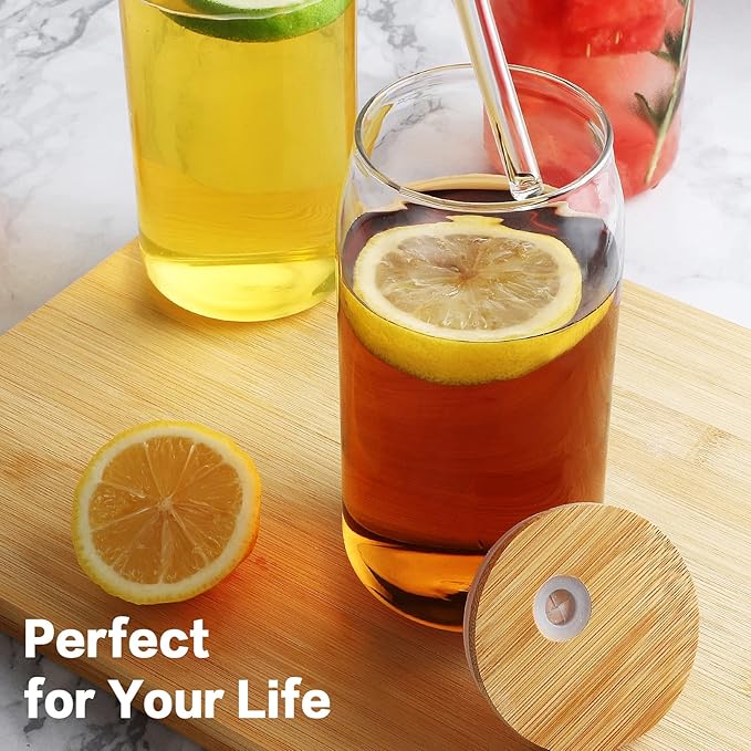 HOMBERKING Glass Cups with Bamboo Lids and Straws 4pcs Set, 16oz Can Shaped Drinking Beer Glasses, Iced Coffee Cups, Cute Tumbler with 1 Cleaning Brush, Ideal for Cocktail, Whiskey, Tea, Gift