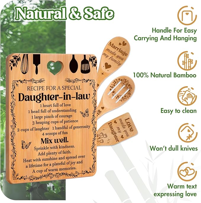 Gifts for Daughter in Law - "Recipe for a Special Daughter-in-Law" Daughter in Law Birthday Gifts Cutting Board Set, Bamboo-Made Engraved Utensil Set Birthday Gifts for Daughter in Law