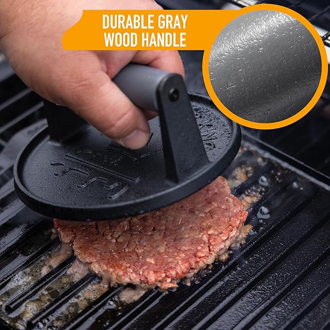 SMASHER KING™ - Smash Burger Press - Cast Iron Burger Smasher And Hamburger Patty Maker - Smash Burger Kit With 25 Sheets Of Paper - Grill Press And Steak Weight For Heavy Meat Smasher Cooking Results