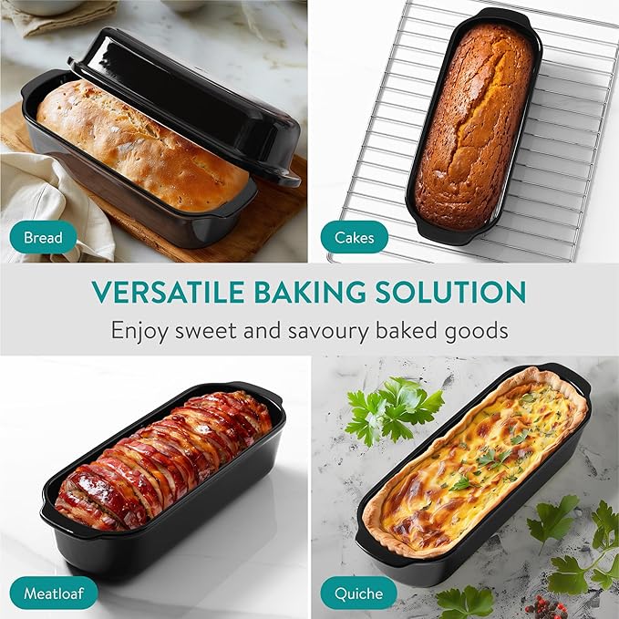 Navaris Bread Pan with Lid - Ceramic Bakeware Tin for Baking Homemade Sourdough Loaves - Stoneware Loaf Pans or Cake Dishes for Oven - Dishwasher Safe Tins - 13.3 x 5.5(34 x 14cm)