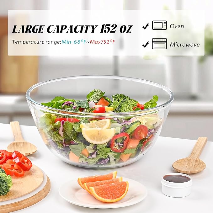 LOVYANXUE 10.6" Glass Salad Bowl with Sealed Lid, 4.7 Quart Large Capacity Serving and Mixing Bowls with Utensils, Versatile Serving Dish for Salads, Trifle, Fruits, Pasta, Microwave Safe