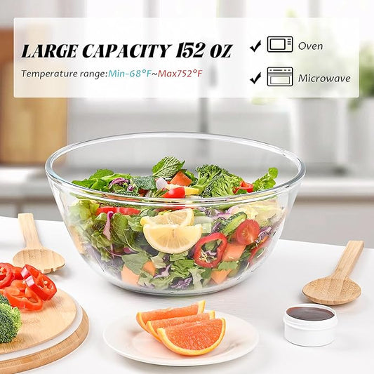 LOVYANXUE 10.6" Glass Salad Bowl with Sealed Lid, 4.7 Quart Large Capacity Serving and Mixing Bowls with Utensils, Versatile Serving Dish for Salads, Trifle, Fruits, Pasta, Microwave Safe