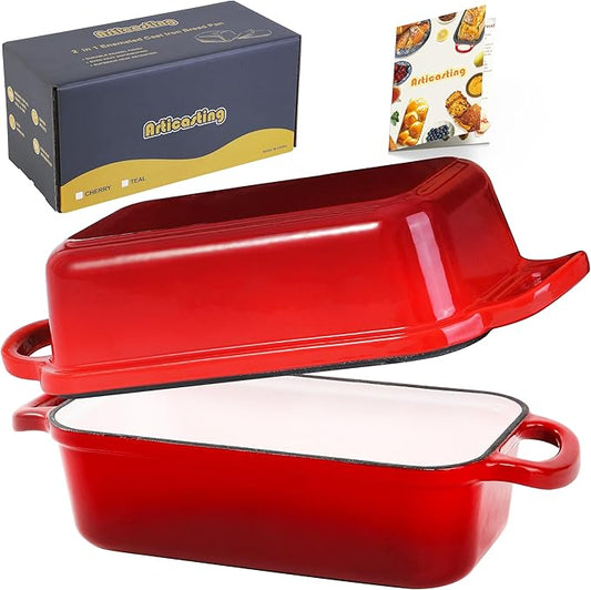 Articasting Cast Iron Bread Loaf Pan with Lid, 2 In 1 Loaf Pans for Baking Bread 9x5, Enameled Bread Pans for Homemade Bread, Sourdough, Even Heating Bread Dutch Oven, Red