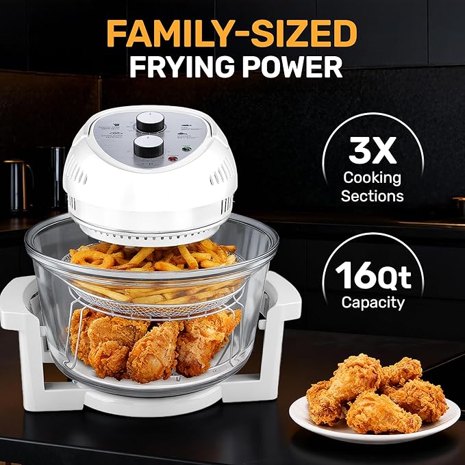Big Boss 16Qt Large Glass Air Fryer Non Toxic – Family Sized Large Halogen Oven Cooker with 3 Cooking Sections, Stainless Steel Racks, French Fries, Chicken, No Preheat, Self Cleaning, Dishwasher Safe