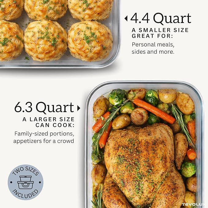 TEVOLUX 4-in-1 Portable Glass Air Fryer Cooking System, 1500W, 6.3QT & 4.4QT Glass Containers with Storage Lids, Microwave, Freezer & Dishwasher Safe