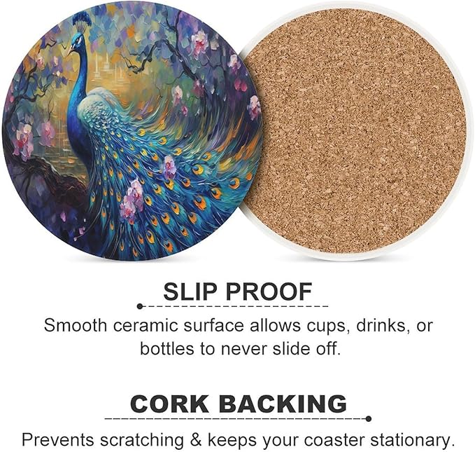 Peacock Drink Coasters, Round Ceramic Drink Coaster Round-6PCS, Vintage Watercolor Style Floral Beautiful Blue Peacock Decor Absorbent Ceramic Coasters for Beverage Cup, Bar, Coffee Table