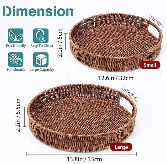 Coffee Table Tray 2 Pack Rattan Woven Basket Multifunctional Round Rattan Serving Tray with Handles, Decorative Trays for Home Decor, Kitchen Counter, Living Room