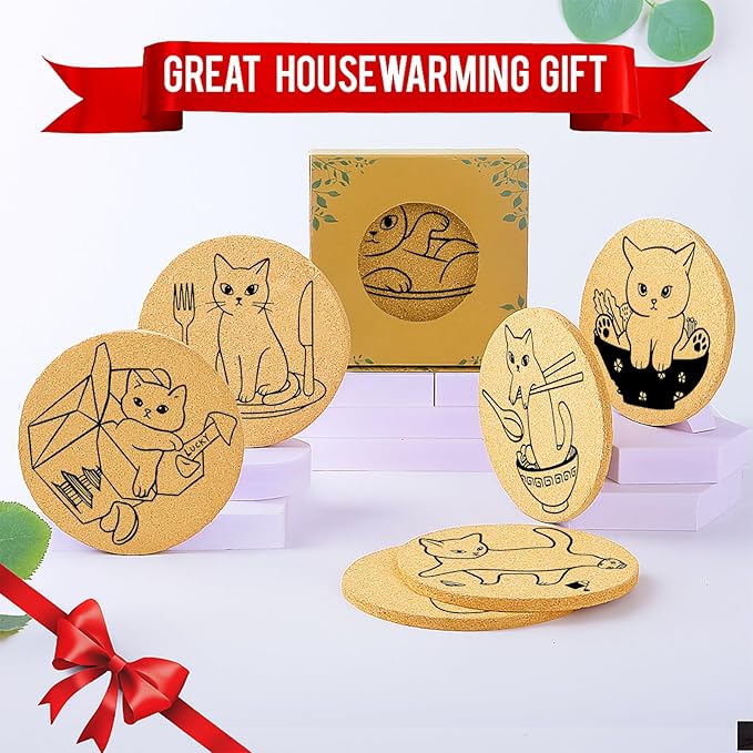 Coasters for Drinks with Holder Set of 6, Cat Cork Coaster Absorbent for Office Desk Cup Table Coasters Kitchen Decor House Warming Gifts for New Home, Round 4"