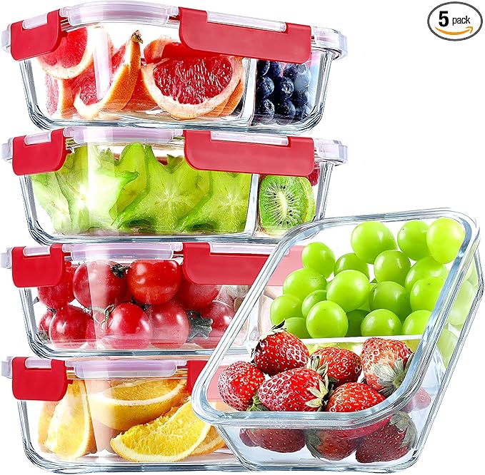 VERONES 5 Pack Glass Meal Prep Containers 2 Compartment Set, 36OZ Airtight Glass Lunch Containers, Glass Food Storage Containers with Lids, for Microwave, Oven, Freezer & Dishwasher Friendly,Red
